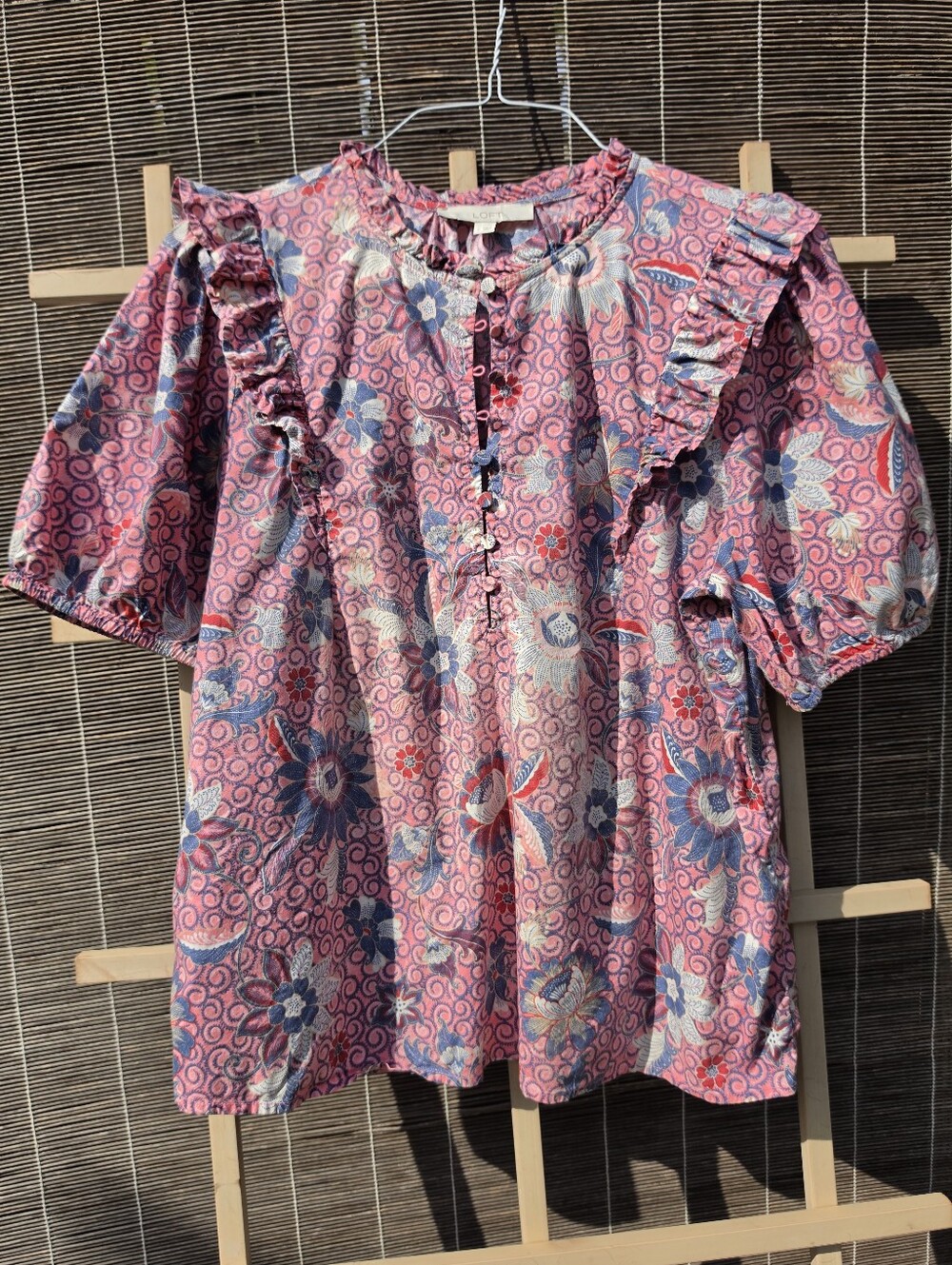 LOFT Pink and Blue Floral Cotton Blend Puff-Sleeve Blouse Large